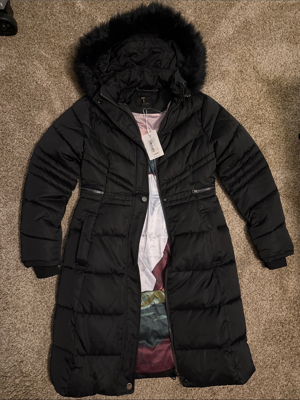 Ted Baker London Black Quilted Long Puffer Coat with Faux Fur removable Hood